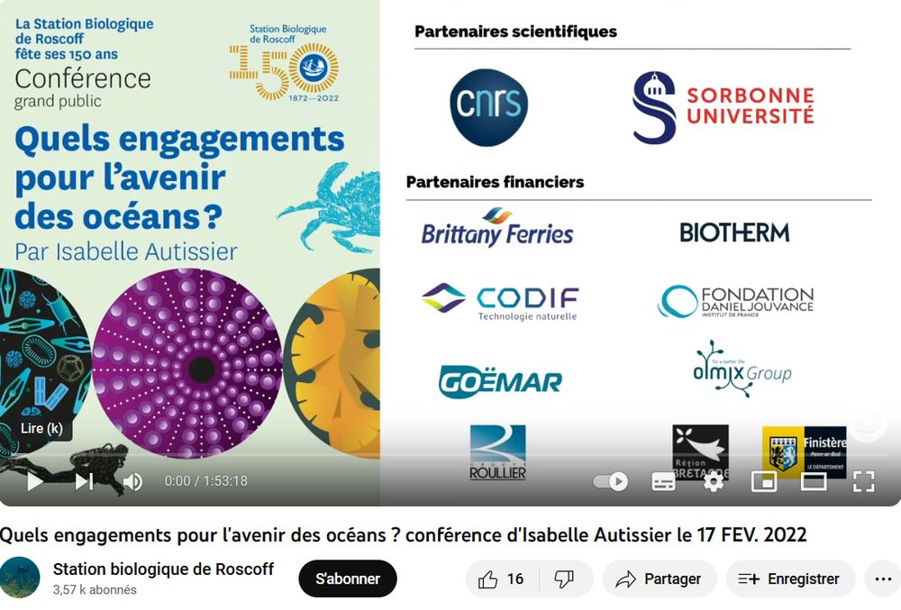 Capture d'écran d'une conférence de la station biologique de Roscoff, indiquant des financements reçus de la part du groupe ROULLIER