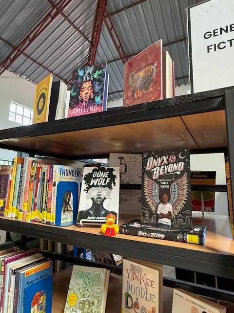 School library bookshelves with a rubber duck reading a book amongst shelved books and books on display.