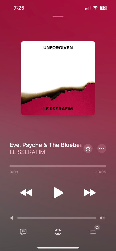 Screenshot of Apple Music app playing Le Sserafim’s song “Eve, Psyche and Bluebeard’s Wife”