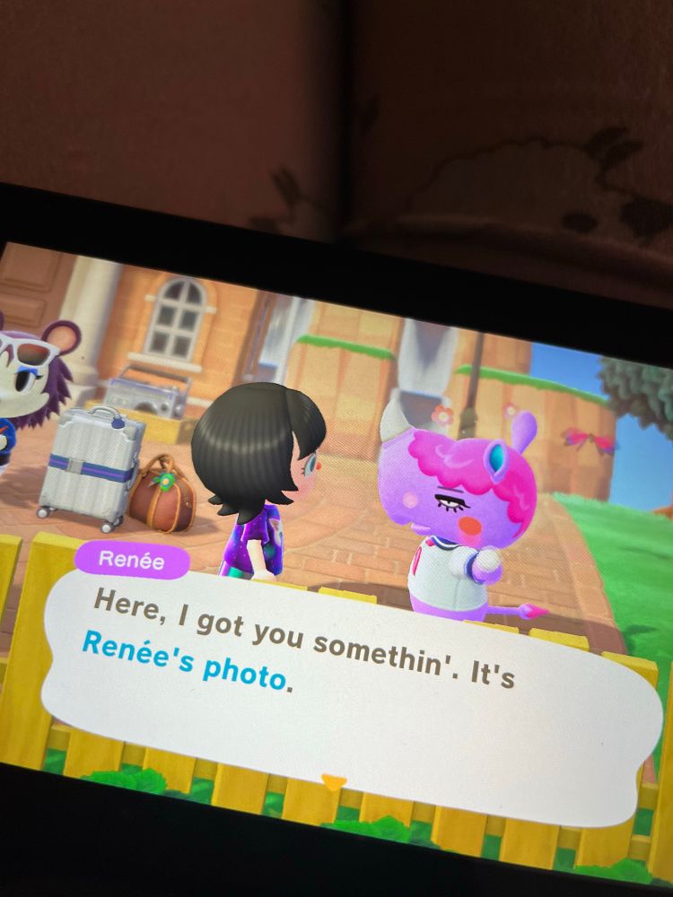 Picture of animal crossing new horizons. The character’s player is talking to Renee, a pink and purple rhino who says “here, I got you something. It’s Renee’s photo” 