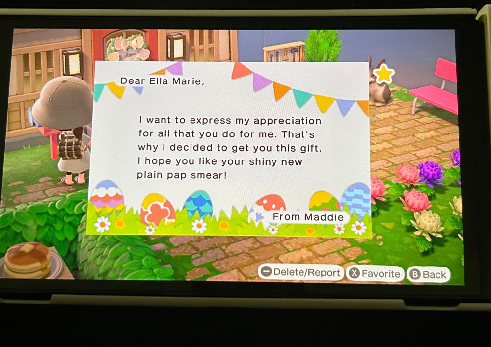 Animal crossing new horizons letter that starts with the default text “I want to express my appreciation for all that you do for me. That’s why I decided to get you this gift. I hope you like your shiny new plain-“ and added custom text by user to end the sentence with “pap smear”