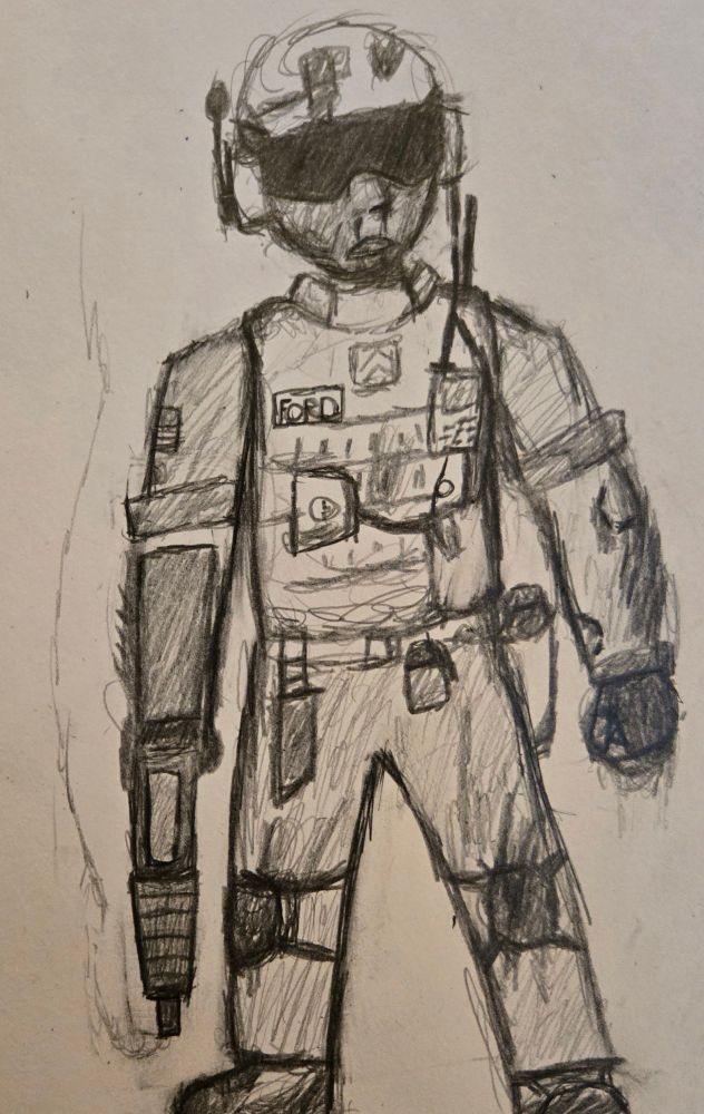 A U.S. military agent with the Name Tag Ford on his chest Rifle in hand.