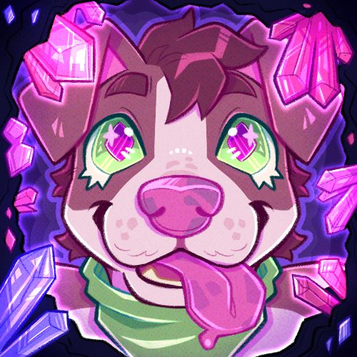 Mac, an anthropomorphic Amstaff is looking into a small rocky cave opening. Various pink and purple crystal formations line the opening, some glowing. Mac's eyes twinkle in excitement, their tongue is hanging out the side of their mouth. It's implied he's going to eat the Crystals, or at least really wants to.