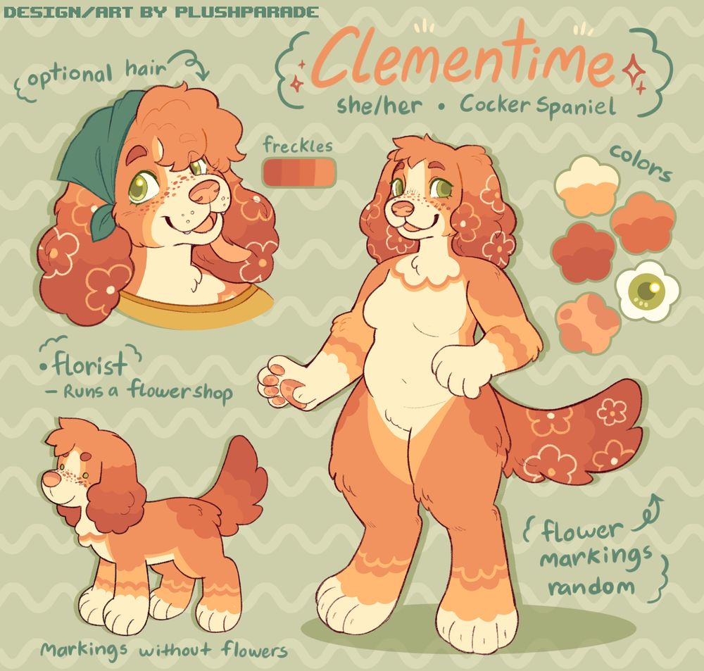Reference sheet for the character "Clementine". 
She is a Cocker Spaniel with orange coloration and simple flower markings. On the left, there is a close up view showing her with curly hair and a green bandana. On the right is a full body drawing, showcasing her design and body type. Next to her is her color palette.