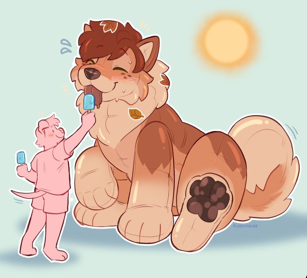 Arlie, a large dog pooltoy sits happily licking a blue popsicle being shared by a non-descript pink anthro dog. Both are smiling happily, while the sun shines bright in the background.