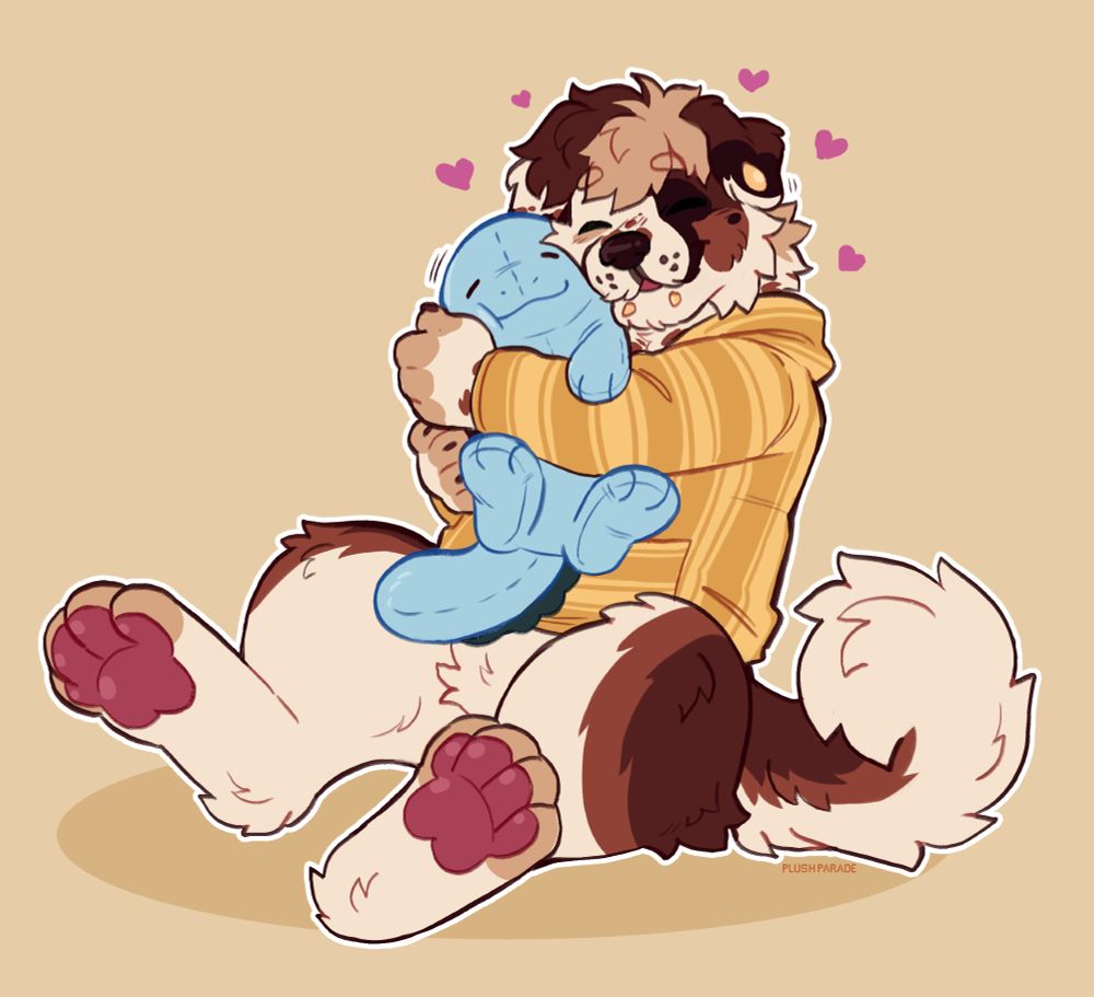 King, a Saint Bernard wearing a yellow / darker yellow striped hoodie cuddles his plush quagsire tightly. Both look happy! Small hearts float around their heads.