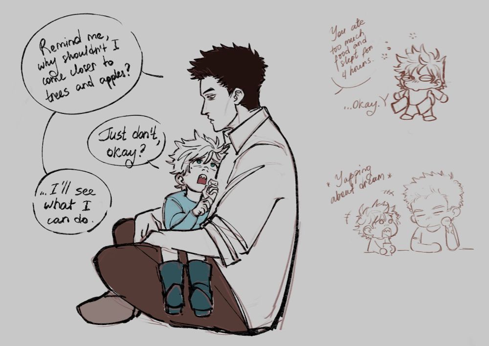 Trimax Knives talks with Azrael about why he shouldn't approach trees and apples, while Azrael sits on his lap. 
Side sketches show that Azrael ate too much food and was asleep for 4 hours. Later, he yapping his dream to his dad who seems to be very tired.