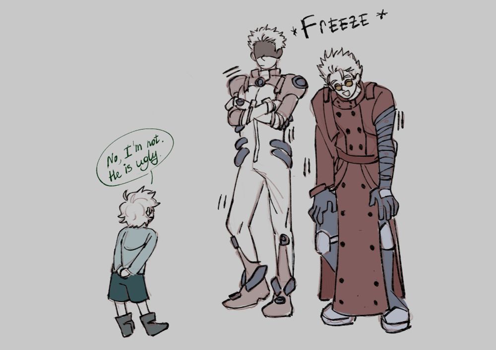 Azrael immediately denies the similarity by saying that Knives is not attractive. Both Vash and Knives freeze from the blunt reply.