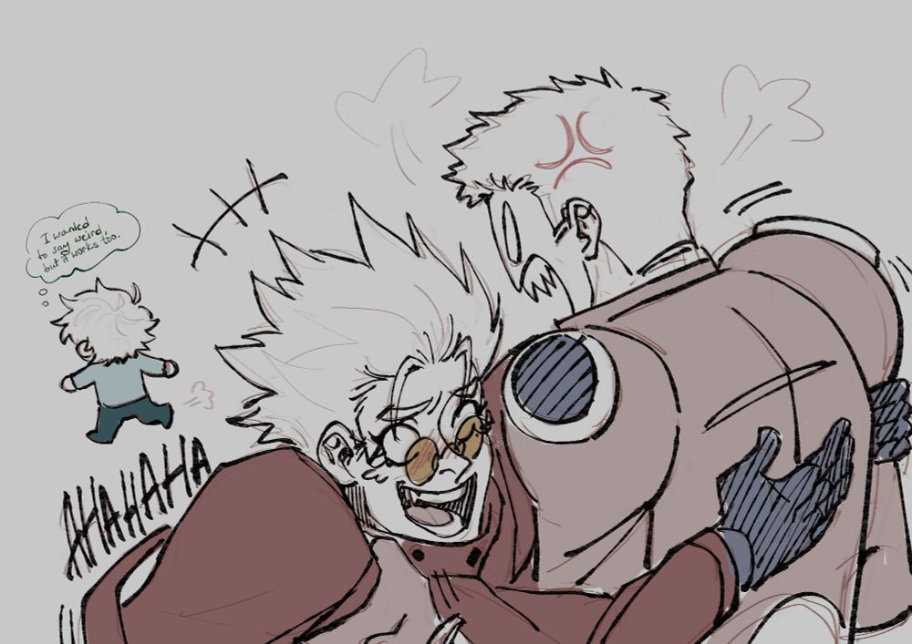Vash is holding back furious Knives while also laughing hard from the silly situation. Azrael runs away thinking that he actually wanted to reply differently, but accepts it as it is.