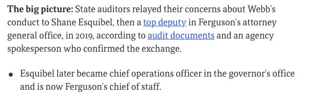 The big picture: State auditors relayed their concerns about Webb's conduct to Shane Esquibel, then a top deputy in Ferguson's attorney general office, in 2019, according to audit documents and an agency spokesperson who confirmed the exchange.

Esquibel later became chief operations officer in the governor's office and is now Ferguson's chief of staff.