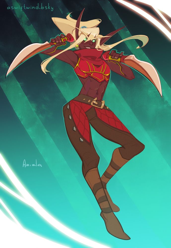 Sketch of a young blood elf female with blonde hair in ponytail, mid-jump, with long daggers in each hand, bluish-green background