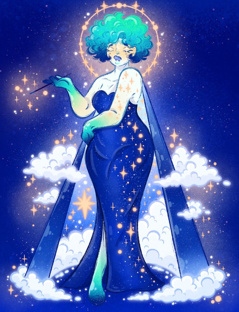 Hera, Greek Goddess, in a blue dress with cloud cape and stars all over