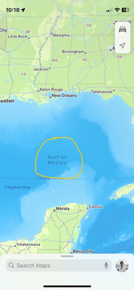 A screenshot of Apple Maps with the Gulf of Mexico still being named Gulf of Mexico