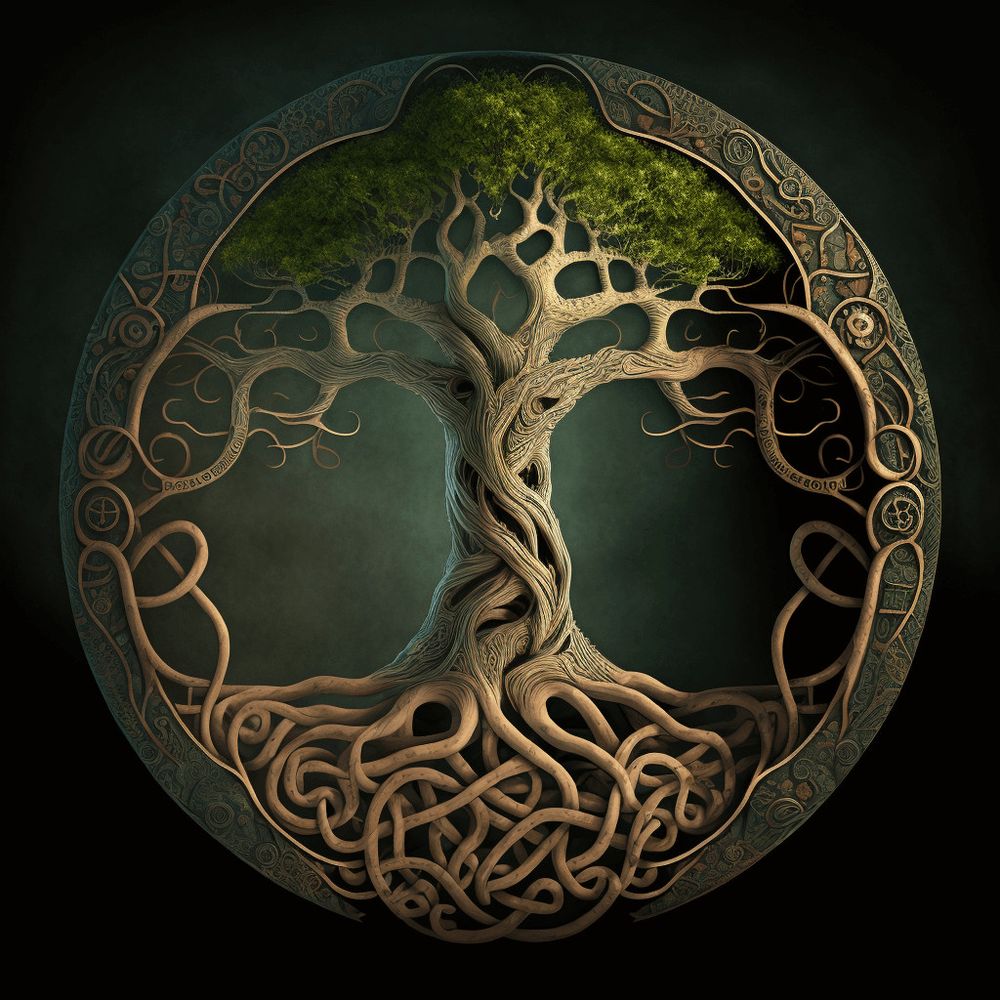 A circular image of a tree rendered in Celtic style with branches and roots intertwining and forming a circle around the trunk.