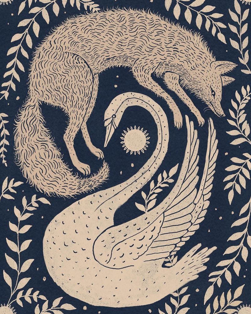 A serene artistic image of a fox and a swan intertwined in a circular pattern much like the Yin and Yang symbol, in a field of ferns.
