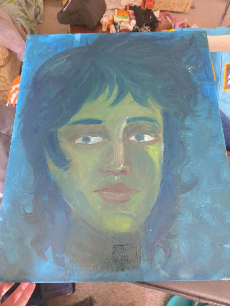Portrait in blue, yellow and some light red tones. Wild curly hair and bright blue eyes. Very soft brush strokes, wet on wet. 
