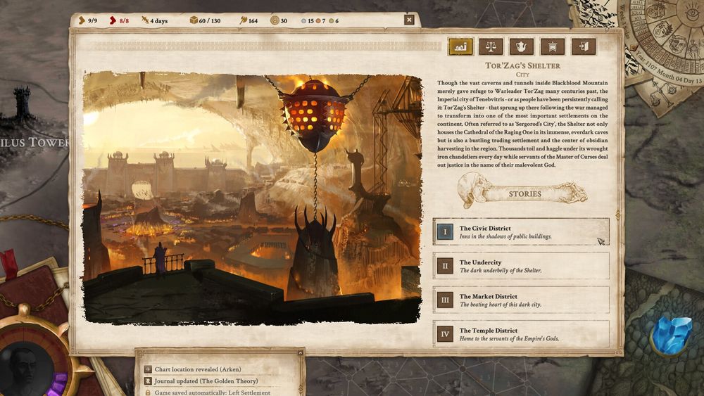 Screenshot from Vagrus - The Riven Realms. A story event with a desert city built inside a massive mountain cavern. Buttons below the scene description offer the player a choice of districts to explore where further stories may be encountered.