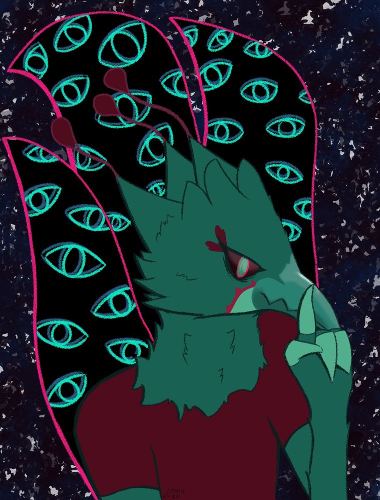 A digital drawing of an anthro peahen character, half body. The character, Colaves, is holding one finger up to her beak in a "shush" gesture. Her tail feathers are behind her with numerous glowing eyes. 