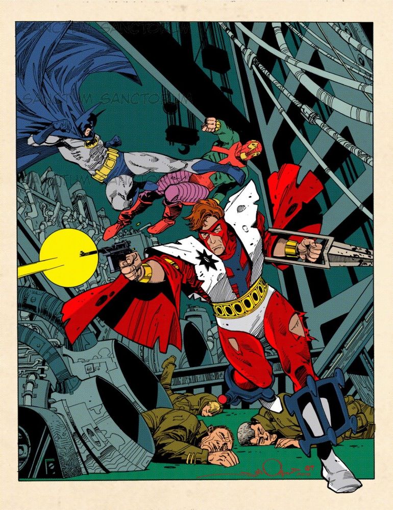 Comic panel illustration showing a battle in an industrial setting. In the foreground,The Manhunter, a superhero in a red, white, and blue costume with a black star on his chest, red mask, and red cape fires a yellow energy blast from a handgun. He also holds a metallic claw-like weapon. His costume is torn, and he stands over several unconscious soldiers in green uniforms. In the background, Batman, in his grey and blue costume with a flowing cape, is mid-air, kicking a villain in a green and red costume. The background is filled with dark, metallic structures, pipes, and wires. Art by Walt Simonson