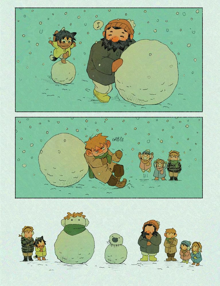 Dunmeshi Comic of young izutsumi and Senshi au. First panel shows senshi rolling a huge snowball and izutsumi balancing on one. Next panel shows Chilchuck also rolling a big snowball as his daughters watch and cheer him on. In the end, senshi made the Chilchuck snowman too big and Chilchuck made the senshi snowman too small.