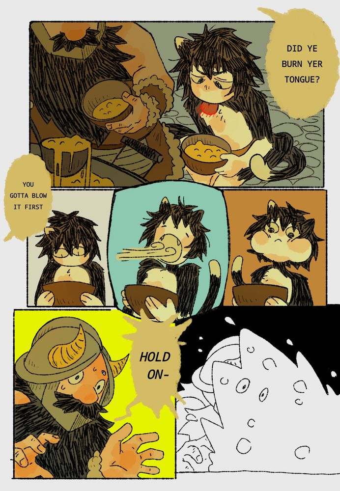 Comic of senshi feeding young izutsumi soup, however, she burned her tongue, to which senshi suggests her to blow it till its cooler. However, she ends up blowing too hard, and all of the soup lands in senshi's face.