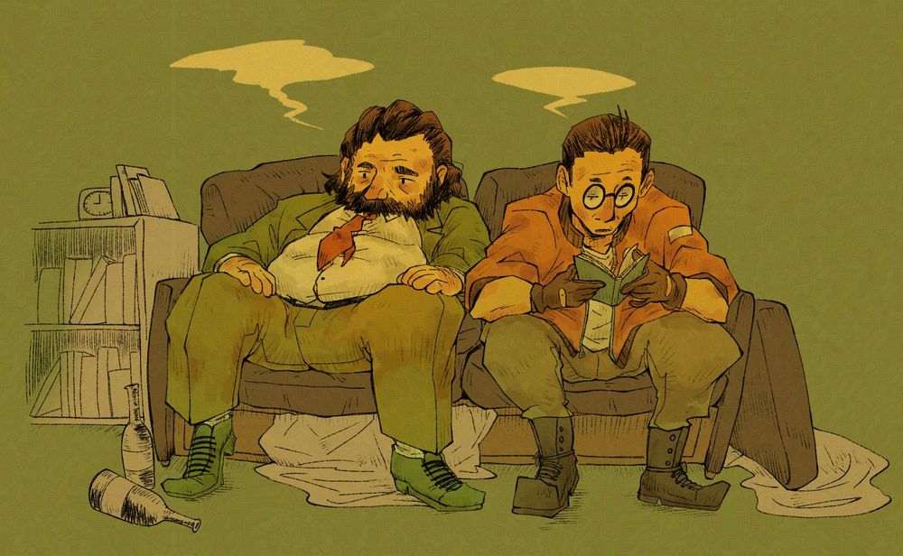 Disco Elysium fanart of Harry and Kim sitting on a smaller version of Harry's messy bed.