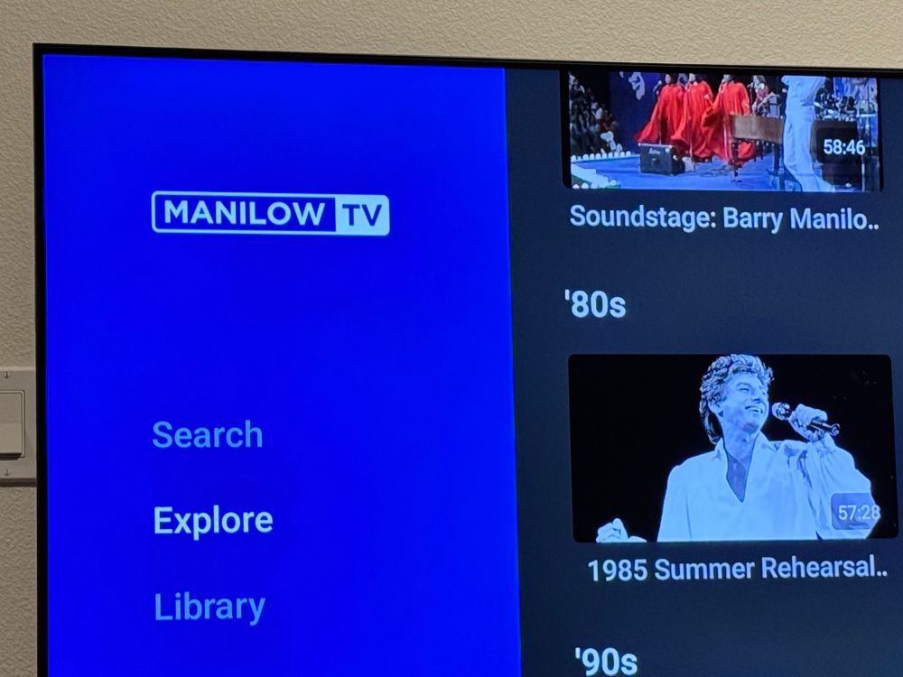 Shot of the Manilow TV app main page 