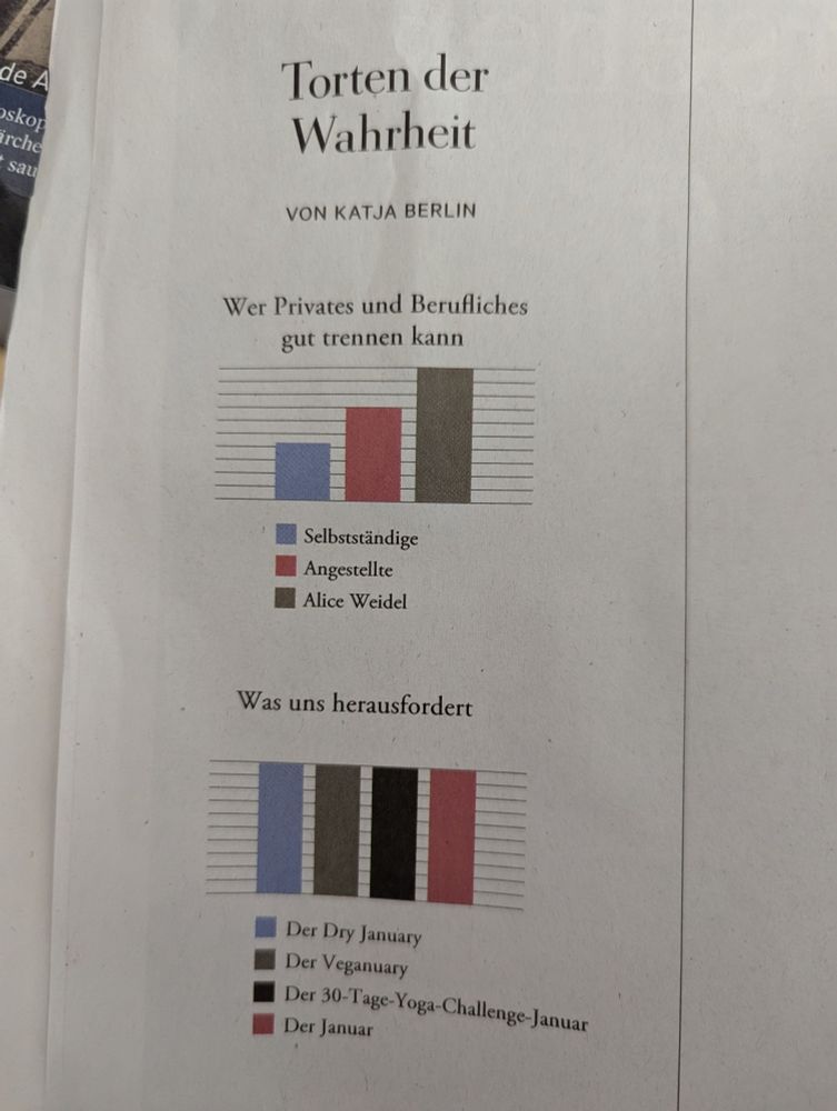 Foto aus der Zeit von Katja Berlin's Torten der Wahrheit. 

- Wer Privates und Berufliches gut trennen kann:
1. Selbstständige (kleiner Balken)
2. Angestellte (mittlerer Balken)
3. Alice Weidel (100%)

- Was uns herausfordert:
1. Der dry January 
2. Der Veganuary
3. Der 30-Tage-Joga-Challange-Januar
4. Der Januar
Alle Balken bei 100%
