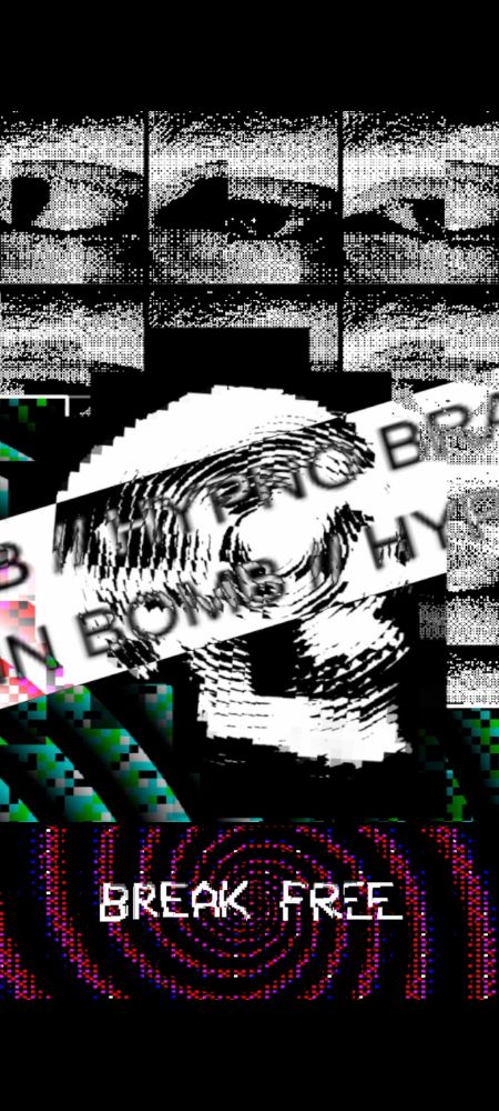 Swirling hypnotic pixelated patterns. Dithered and distorted eyes flicker above a rippling skull with the text reading "hypno brain bomb" veil the eyes. Beneath is a swirl with bold distorted text saying "break free".