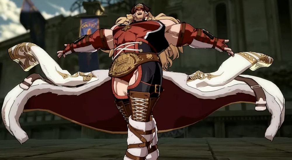 image description: a screenshot of ladiva from granblue fantasy versus. she is a large, plus size white goat woman with blonde hair, a large bust, and wide, muscular hips and thighs. she is taking off her white coat to reveal a red and black wrestling uniform with a corset waist. she is wearing brown boots with white laces and white legwarmers with brown straps. she is smiling confidently. end image description