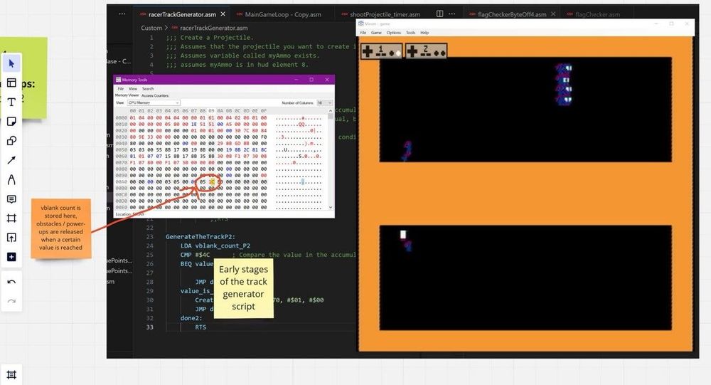 Screenshot of Miro board showing some .ASM code, Mesen emulator with debug menu open and a screen capture of a NES homebrew game in early development.

text:
vblank count is stored here, obstacles / power- ups are released when a certain value is reached