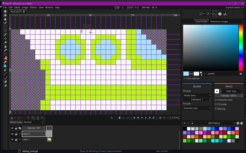 Screenshot of the Pixelorama software, version 1.0.5, running on Windows PC, showcasing a spaceship art asset being made, using a custom (user-made) NES color palette