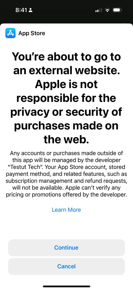 External purchase scare screen for Delta:

You're about to go to an external website.
Apple is not responsible for the privacy or security of purchases made on the web.

Any accounts or purchases made outside of this app will be managed by the developer
"Testut Tech". Your App Store account, stored payment method, and related features, such as subscription management and refund requests, will not be available. Apple can't verify any pricing or promotions offered by the developer.