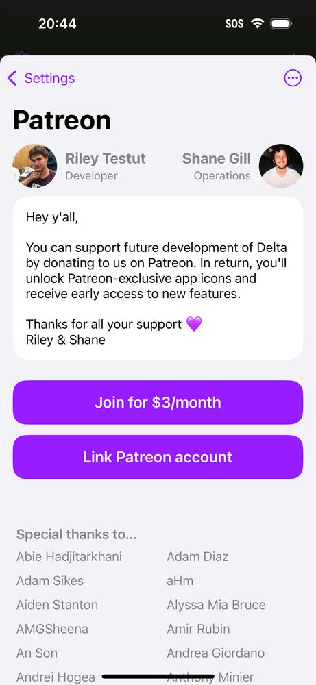 New Patreon donation screen in Delta with button to directly donate to our Patreon