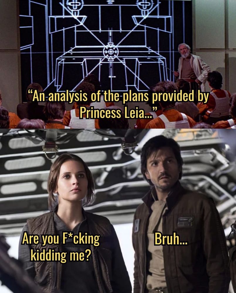 A two picture meme based upon “Star Wars”. An older person stands before a screen showing plans saying “An analysis of the plans provided by Princess Leia...” Two other characters, Jyn Eros and Cassian Andor, look sceptical. “Are you F*cking kidding me? Bruh...”