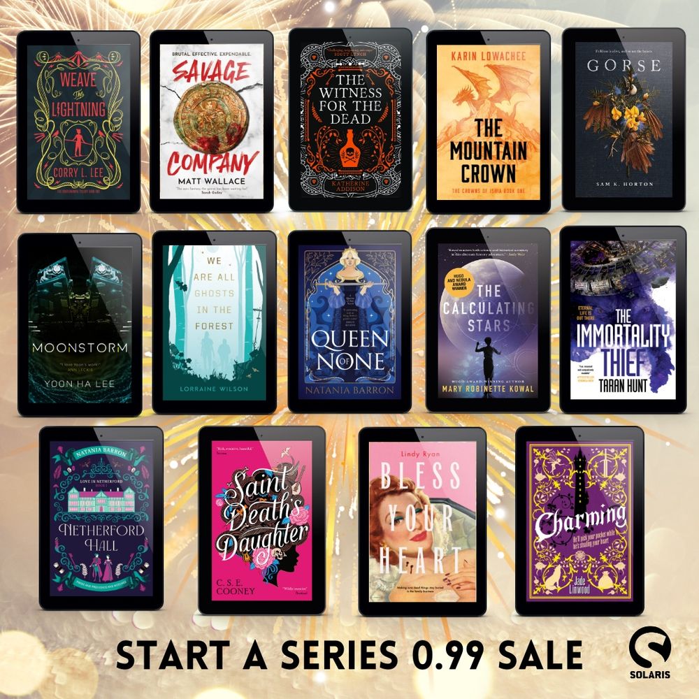 A collage of novel covers promoting Solaris books start a series sale