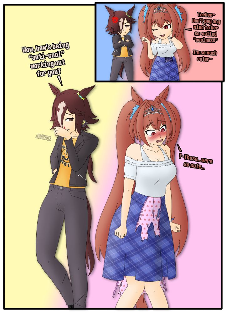 A 2-panel comic of Daiwa Scarlet and Vodka from Umamusume. They are both in their casual outfits. The first panel has them in chibi form with Scarlet annoying Vodka by talking about how her cuteness is superior to Vodka's coolness. The second, bigger panel is non-chibi with Scarlet looking humiliated as her pink panties with a heart pattern are hanging in tatters around her waist. Vodka is smirking behind her and wiping off a bloody nose, implying Vodka gave her a wedgie hard enough to rip her panties and is trying to stay cool about being turned on by it.