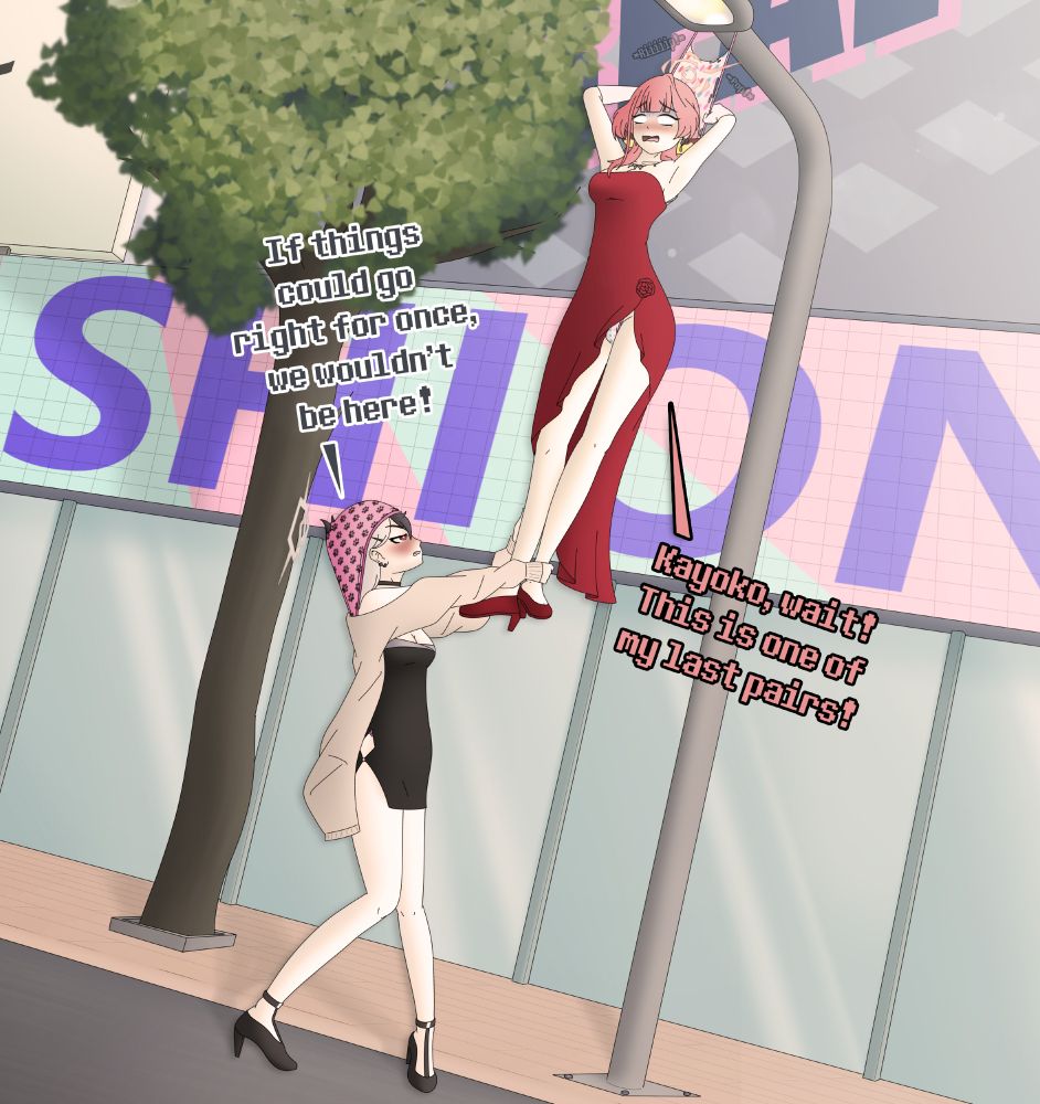 Artwork of Kayoko and Aru from Blue Archive, both in their dress alternate outfits. Aru is in a hanging wedgie by her white polkadot panties off of a streetlight in front of a mall, the panties pulled out through the inside of her dress and out the top. She is panicking as the panties rip and she holding on to them begging Kayoko to wait. Kayoko is pulling on Aru's legs, her own pink panties with a cat pawprint pattern pulled up through the top of her dress and hooked over her forehead in an atomic wedgie, her horns poking through and breaking the material a bit. She looks angry and is complaining that Aru is the reason they're in this situation in the first place.