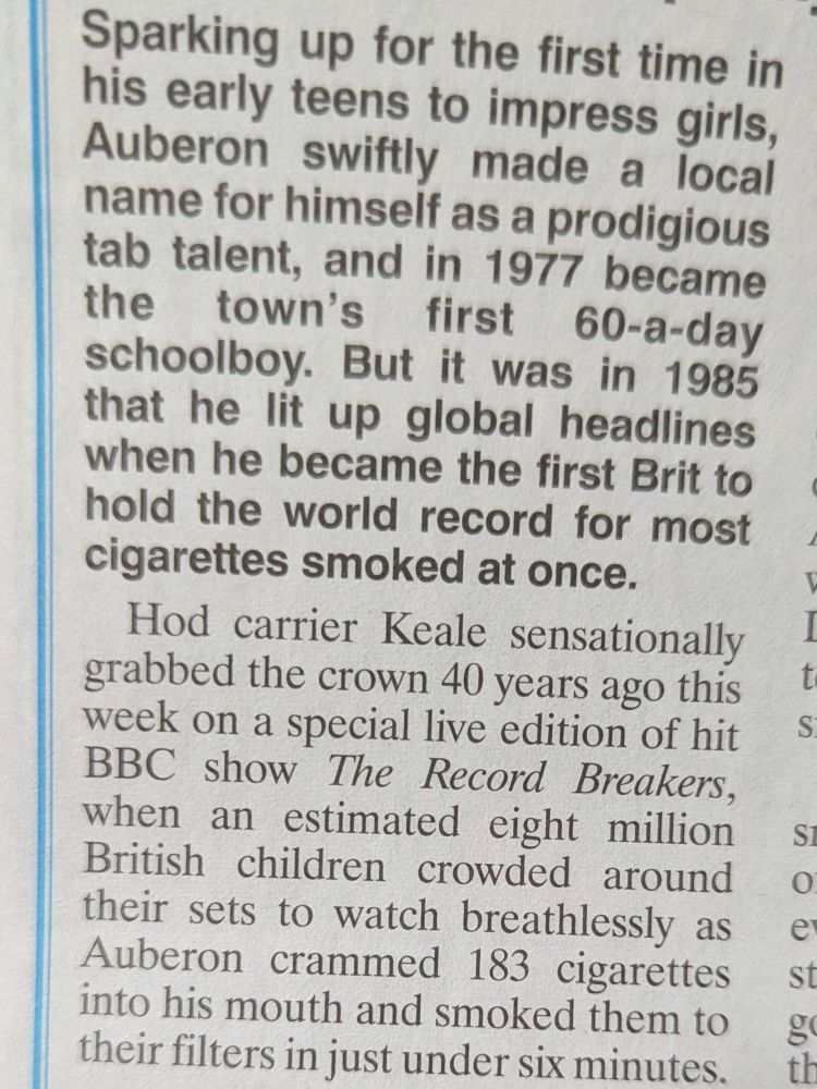 A story from paper-of-record, Viz about Auberon Keale, the king of smoking tabs.