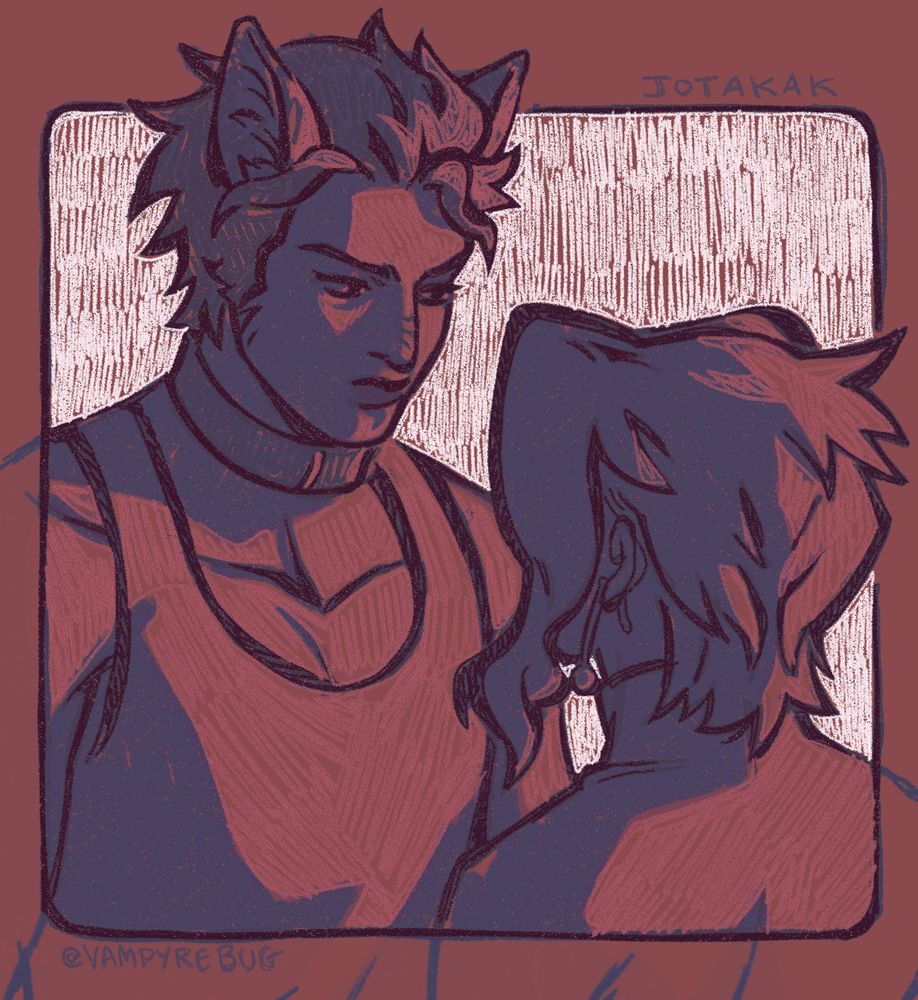 drawing of jotaro and kakyoin where jotaro is depicted with wolf ears. theyre facing each other, kakyoins back to the viewer and face obscured. jotaros eyes are looking down at him. the lighting is dramatic and coming from the right hand side.