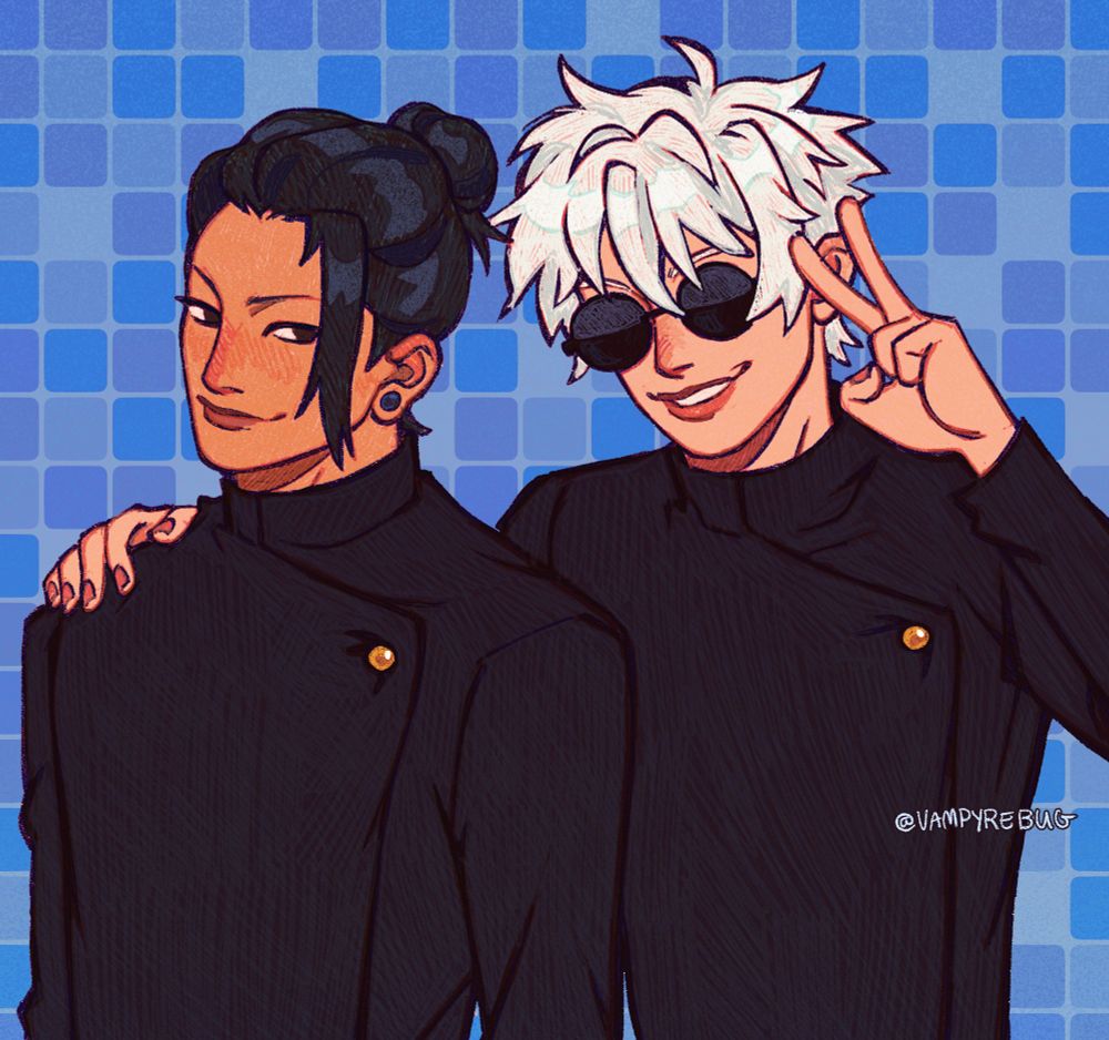 drawing of geto suguru and gojo satoru standing next to each other. gojo is behind geto with one hand placed on the other's shoulder, and doing a peace sign with his other hand. both of them are in their school uniforms.