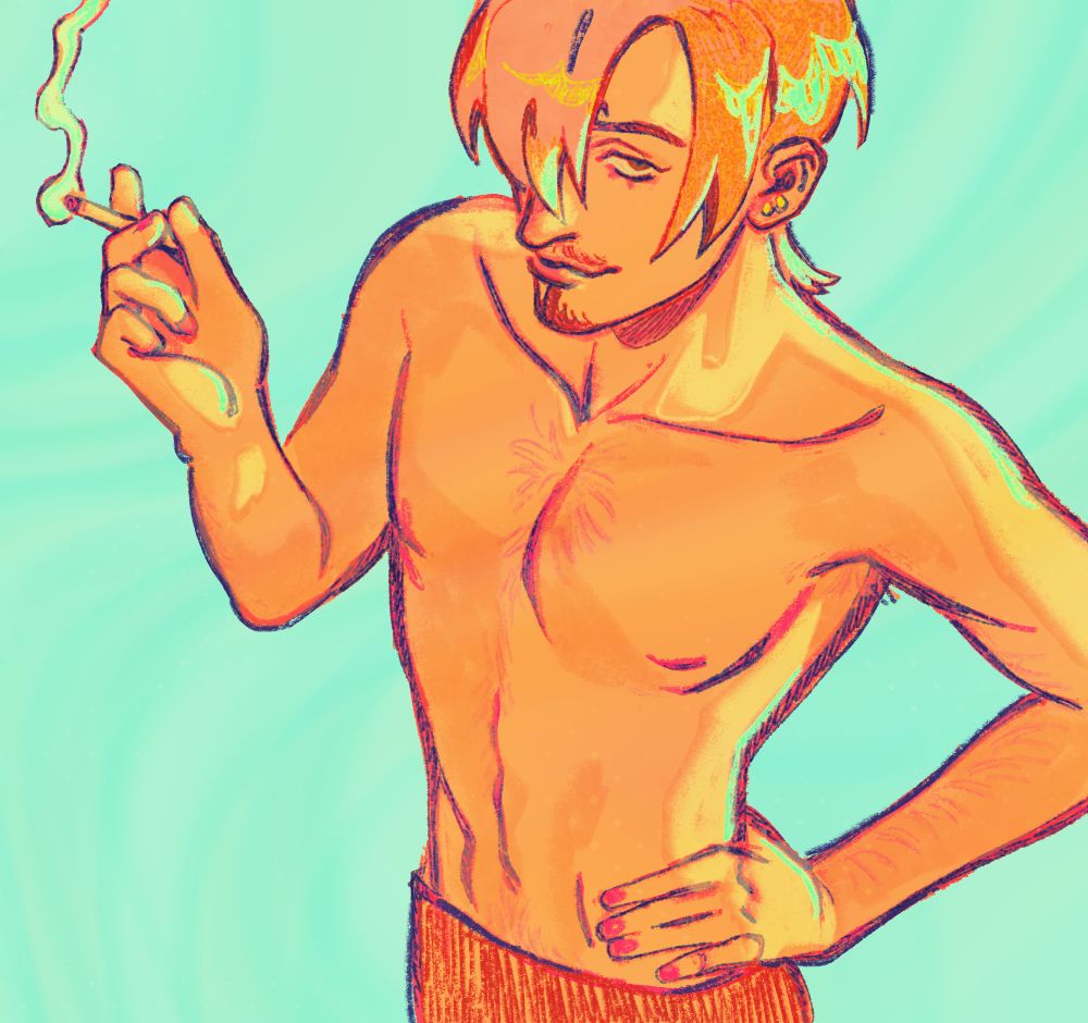 drawing of sanji from the hips up in swim trunks. he has one hand on his hip, the other holding a cigarette. 