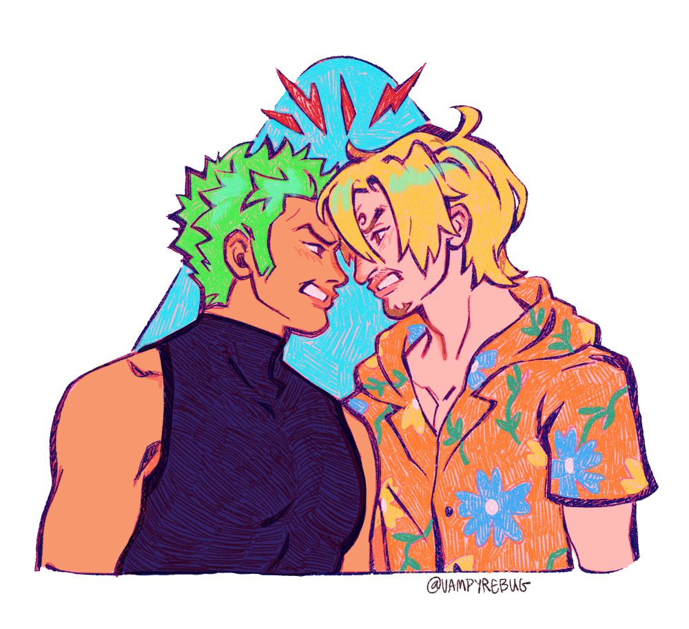 drawing of zoro and sanji butting heads with a light blue triangular background. they are in their egghead outfits (albeit zoro without the jacket)