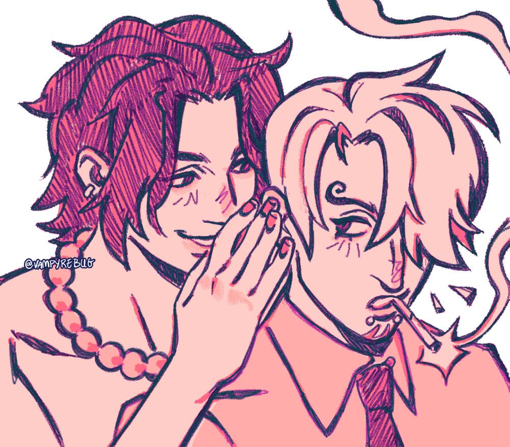 drawing of ace whispering into sanjis ear. ace looks a little mischievous and sanji looks a bit flustered and surprised.