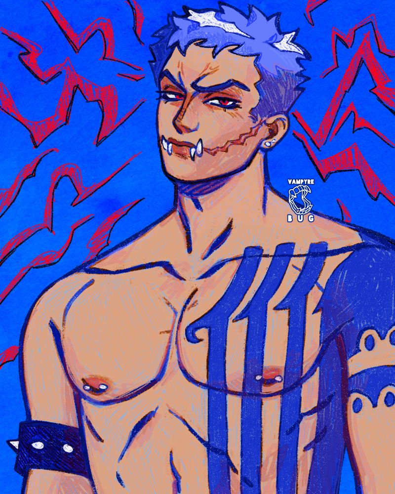 portrait drawing charlotte katakuri but instead of his usual pink color palette, his hair and tattoo are blue