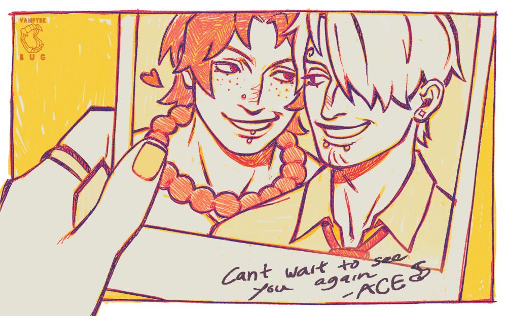 drawing of sanji's hand holding a photograph of him and ace together smiling. on the photo there is handwritten text that reads "cant wait to see you again - ace (with a little flame next to it)"