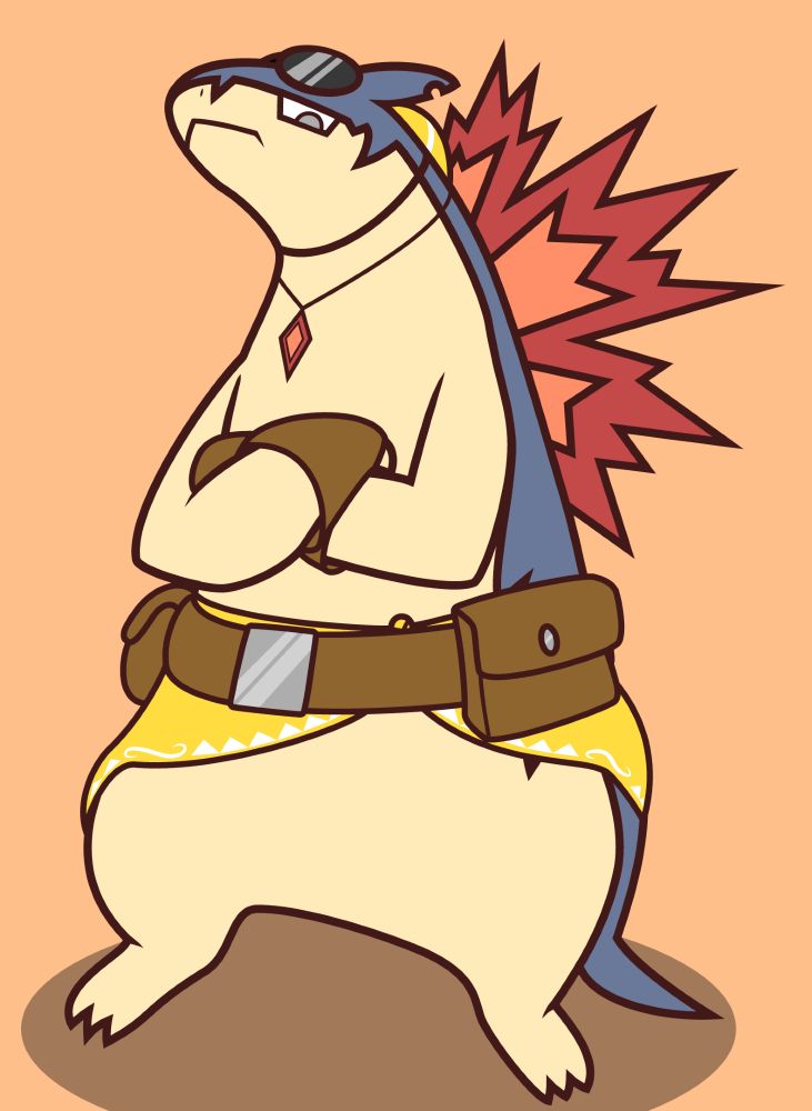 Smolder, the artist's Typhlosion character, standing with crossed arms while looking at the viewer.