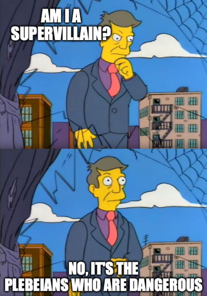 Skinner from the Simpsons “out of touch” meme: “Am I a supervillain? No, it is the plebeians who are dangerous” 