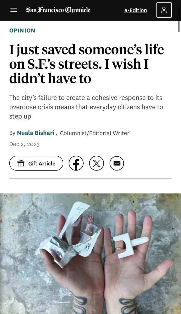 Screenshot of a SF Chronicle column about naloxone and saving the life of someone overdosing 