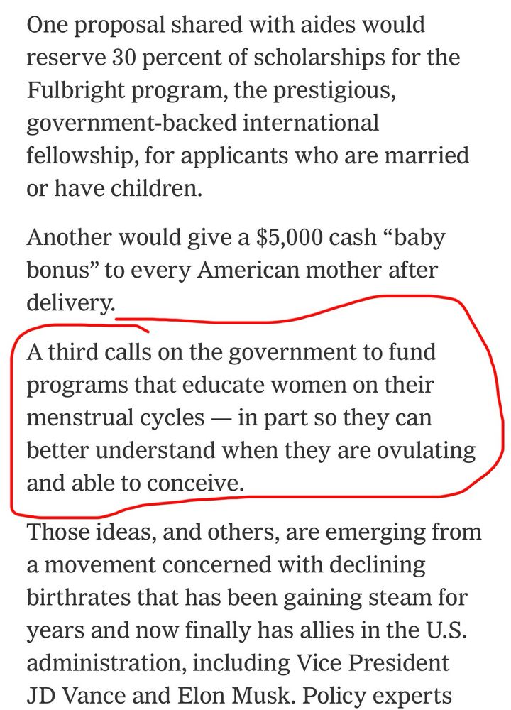 A section of a New York Times article is circled in red, which reads “A third calls on the government to fund programs that educate women on their menstrual cycles — in part so they can better understand when they are ovulating and able to conceive.”